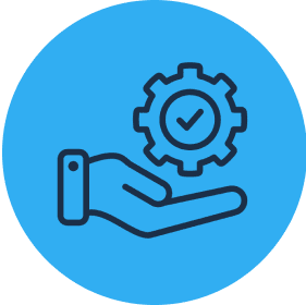 Hand holding gear with checkmark icon.