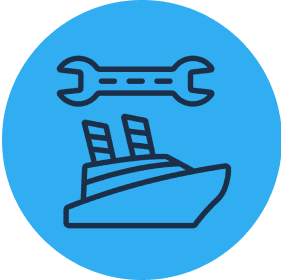 Wrench and ship icon on blue background.